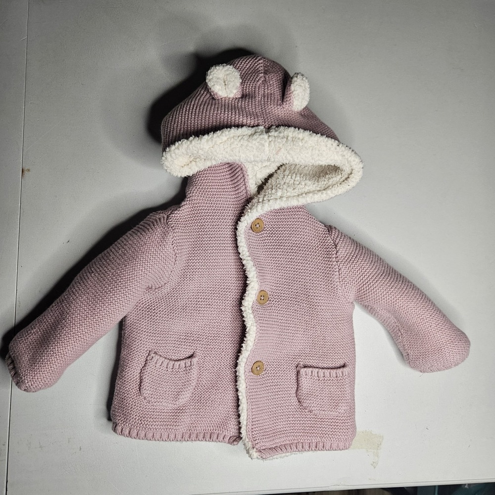Carters Baby Coat 6 Months Pink Hooded Knit Sherpa Lined Ears Jacket Sweater